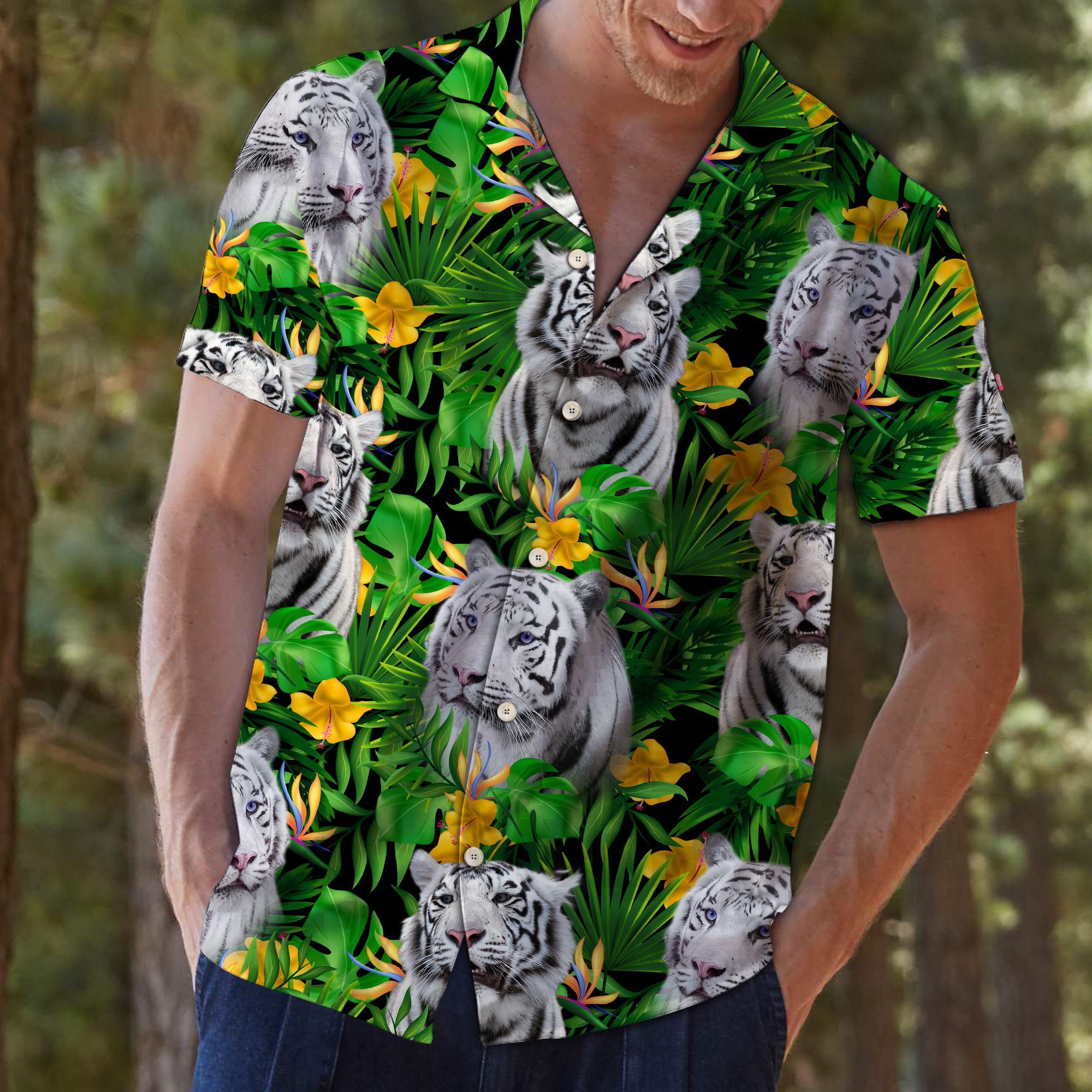 White Tiger Tropical Wild Flower Hawaiian Shirt For Men, Hawaiian Shirt For Women, Aloha Shirt, Hawaii Shirt