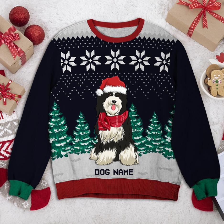 Tibetan Terrier Dog And Christmas Tree Personalized Sweater, Dog Ugly Christmas Sweater