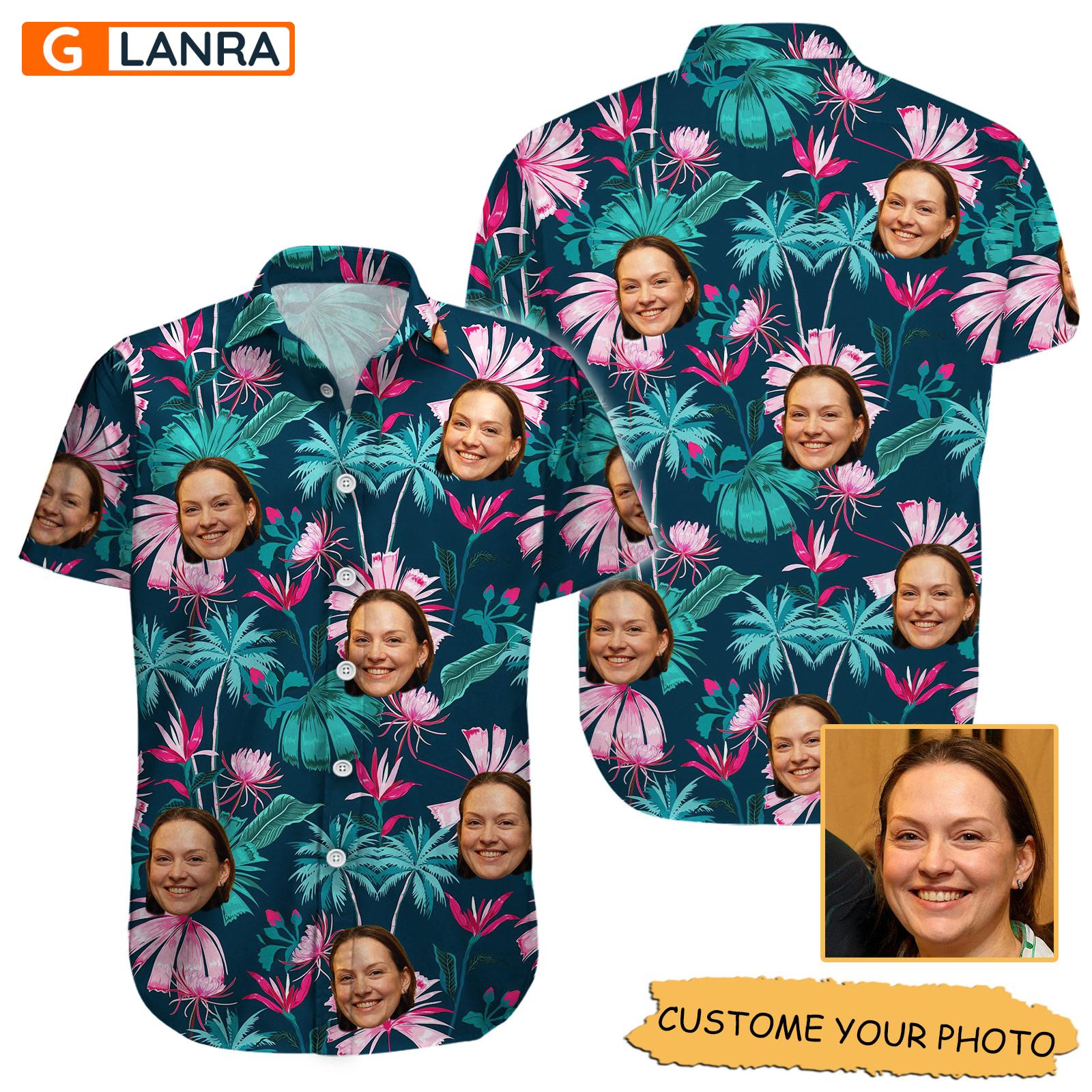 Personalized Flowers Palm Trees Button Shirt, Custom Face Flower Button Shirt, Palm Trees Button Shirt, Summer Tropical Hawaiian Shirt