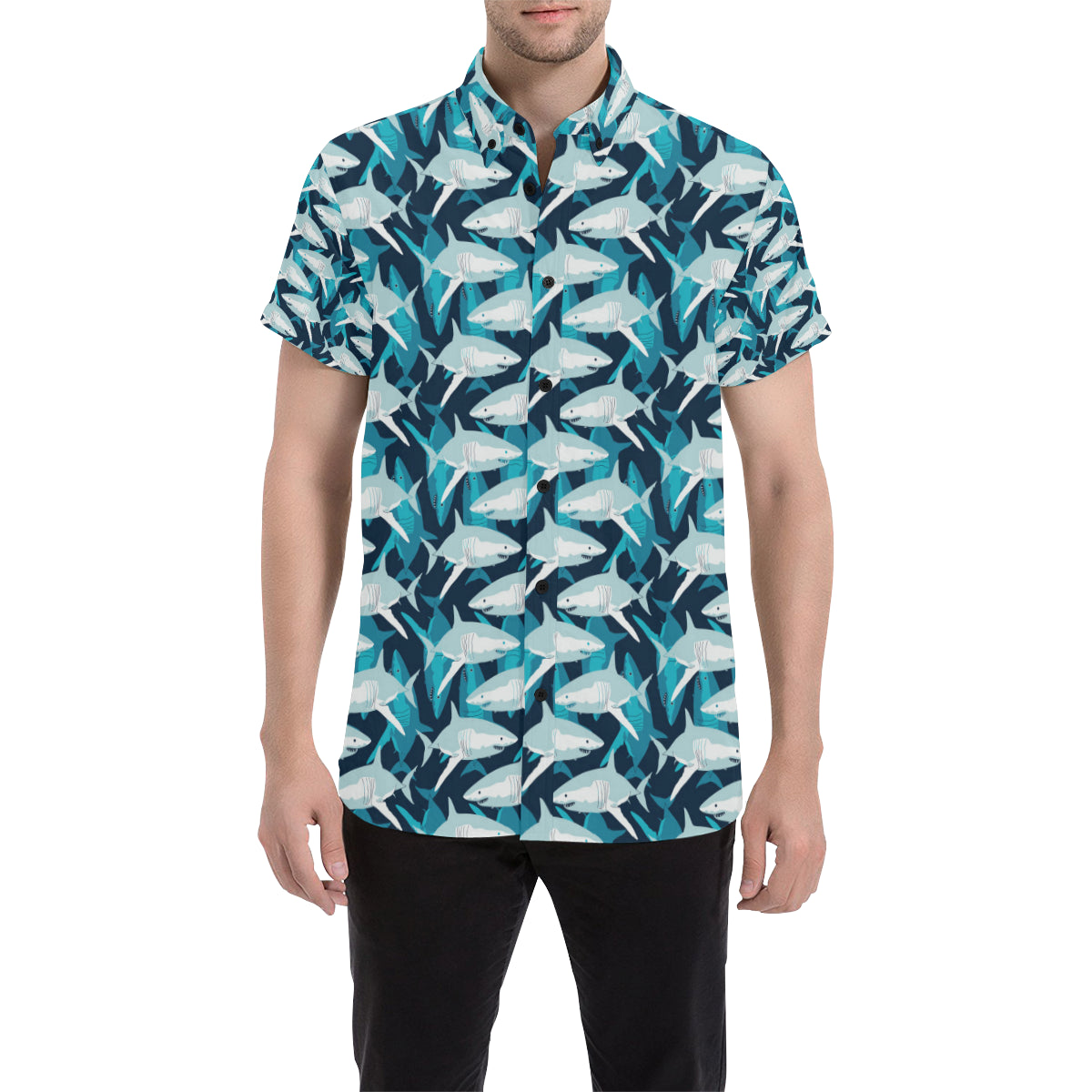 Shark Design Print Men Button Up Shirt