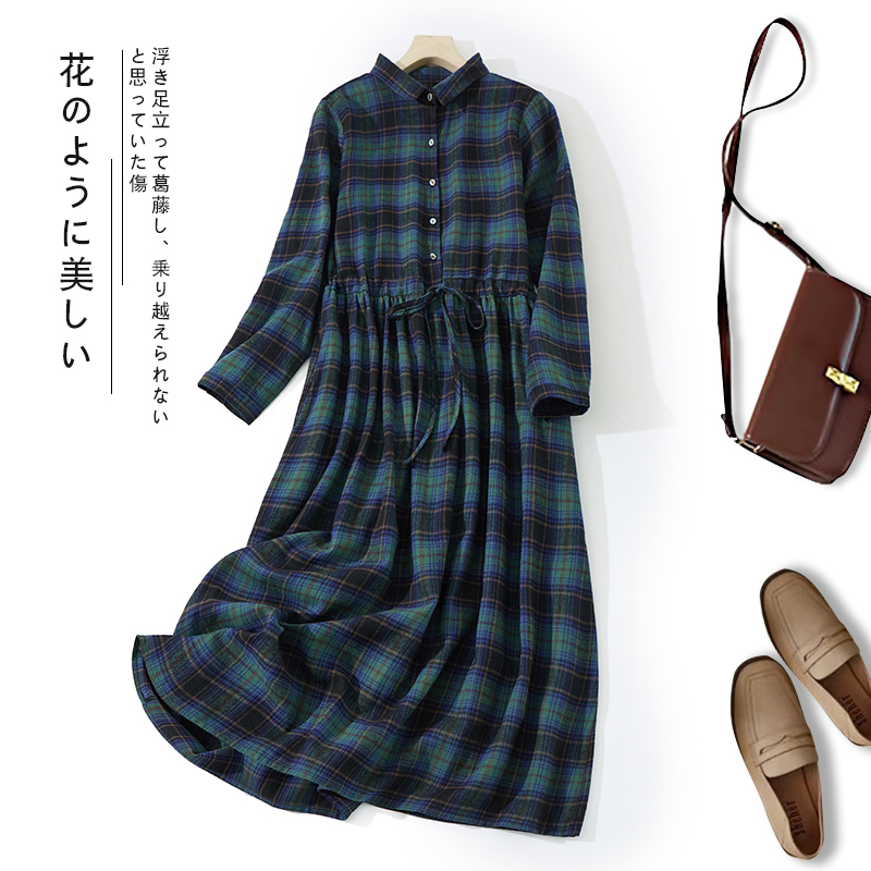 2022 New Fashion Turn-down Collar Long Sleeve Autumn Plaid Blouse Dress Office Lady Outwear Work Dress Women Casual Spring Dress alx