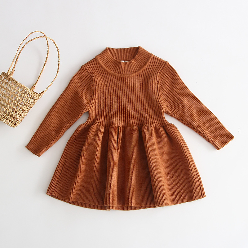 0-5Yrs Spring Baby Girls Solid Knitted Dresses Infant Kids Long Sleeve Dress Winter Autumn Dress Clothes alx