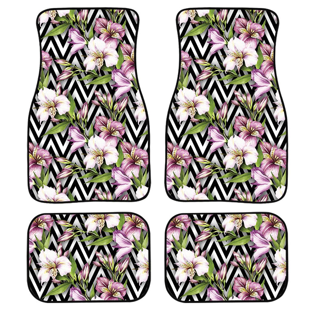 Purple Alstroemeria Zigzag Pattern Print Front And Back Car Floor Mats, Front Car Mat