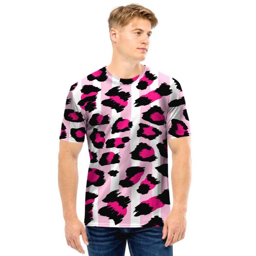 Pink Striped Leopard Men T Shirt