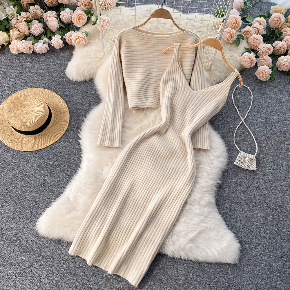 2 Piece Women Cropped Sweater Strap Mini Dress Set 2022 New Autumn Winter Fashion Elegant Knitted Skirt Dresses Suit Outfit alx