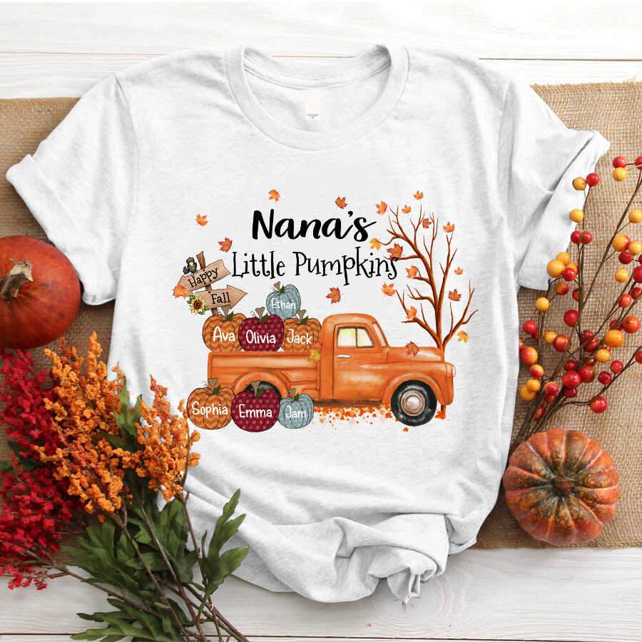 Nana’S Little Pumpkins Truck Autumn Personalized Grandkids Names Shirt Gift