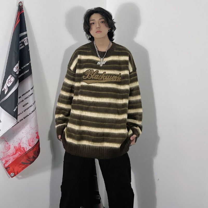 2023 American stripe round neck loose sweater for men sweaters pullover and women Oversize simple knitwear Couple coat sweter alx