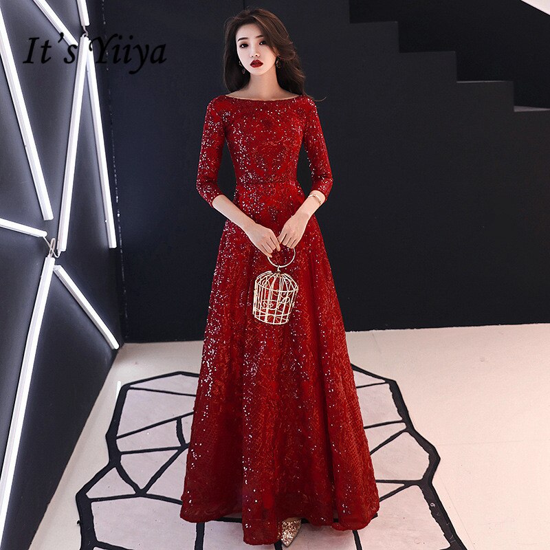 A-line Evening Dress Black Sequins Shining O-neck Half Sleeve Formal Prom Dress Women Vintage Floor-length Long Party Gown E091 alx