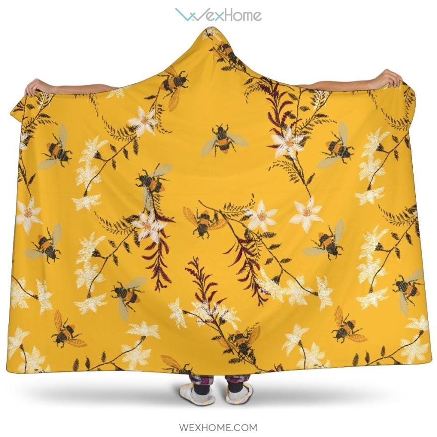 Bee Flower Pattern Hooded Blanket