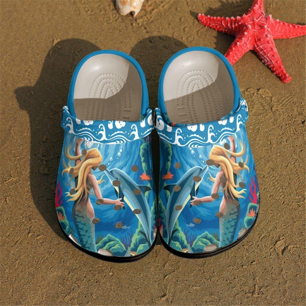 Mermaid Personalized Clog, Custom Name, Text, Color, Number Fashion Style For Women, Men, Kid, Print 3D Mermaid And Dolphin