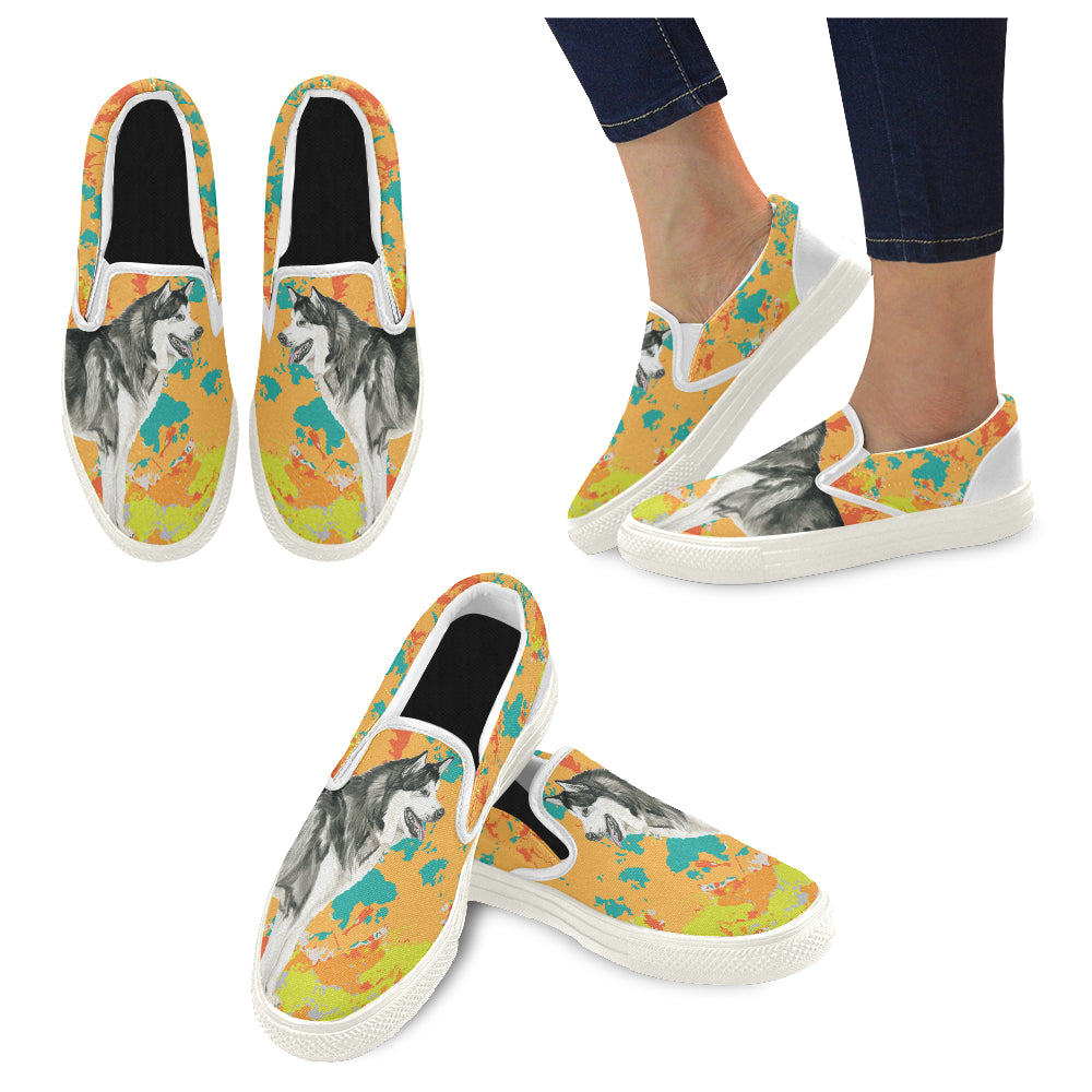 Alaskan Malamute Water Colour No.2 White Women’s Slip-on Canvas Shoes