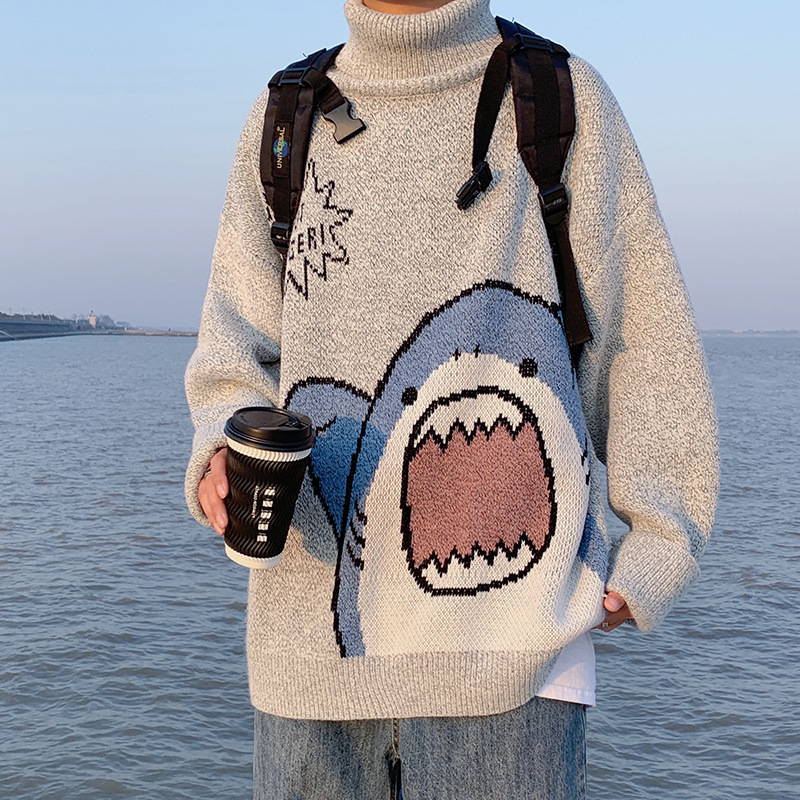 2022 Winter Korean Style Sweater Men High Neck Harajuku Turtlenecks Shark Patchwor Oversized Women Sweater Grey Turtleneck Men alx