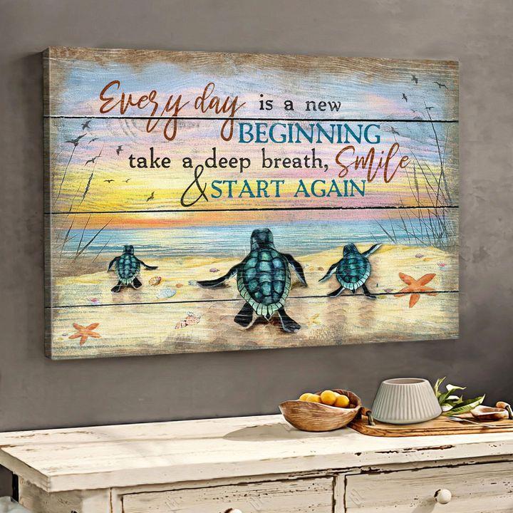Sunset On The Beach Turtle Everyday Is A New Beginning Landscape Poster & Canvas Gift For Friend Family Decor Home Decor Wall Art Visual Art