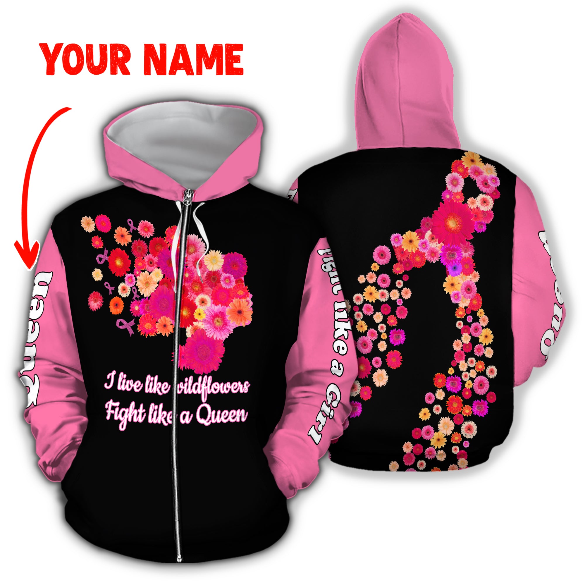 ViticFashion™ Personalize Name – Flower Girl – Breast Cancer Awareness – 3D All Over Printed – 3XL Zip-up hoodie