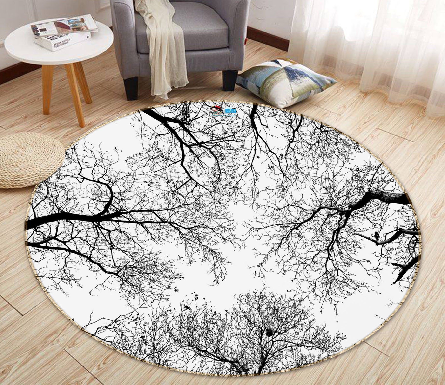 3D Black White Branches 74079 Round Rug – Round Carpet Home Decor