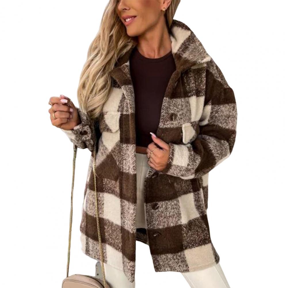 Women Winter Fuzzy Jacket Adults Button-down Long Sleeve Lapel Plaid Jackets with Pockets Warm Soft Stylish Cardigan Lady Coat alx