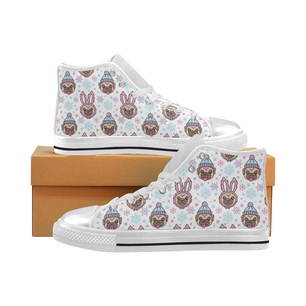 Cute Pug Hat Rabbit Costume Pattern Women’S High Top Canvas Shoes White Gift For Men Women