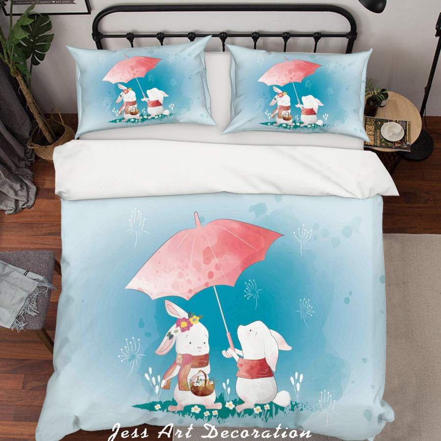 3D Blue Rabbit Umbrella Quilt Cover Set Bedding Set Duvet Cover Pillowcases SF60