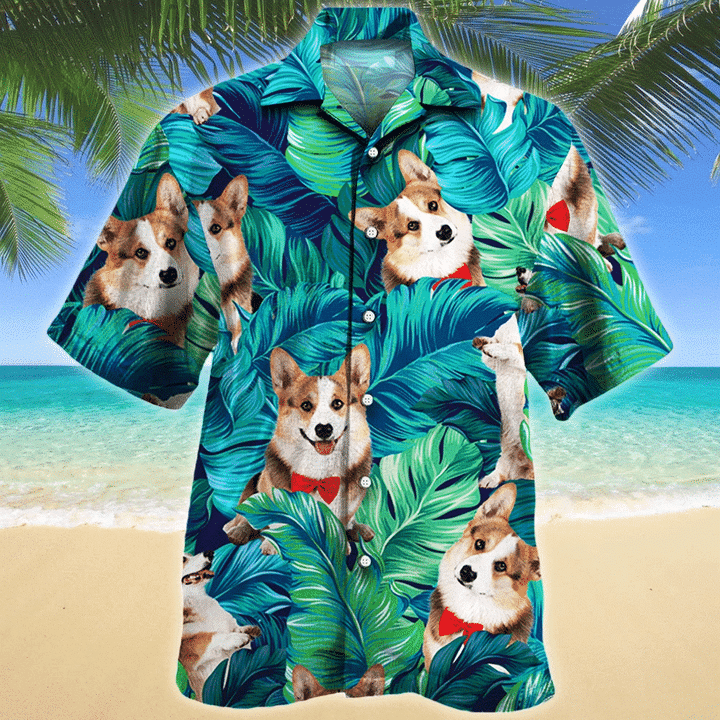 Welsh Corgi Dog Green And Blue Stripe Hawaii Shirt Ha3813