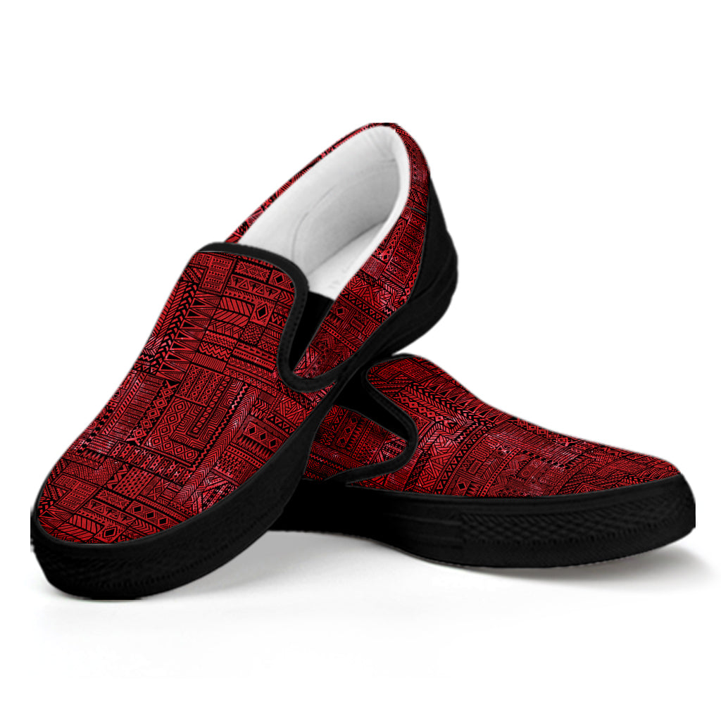 Red And Black African Ethnic Print Black Slip On Shoes