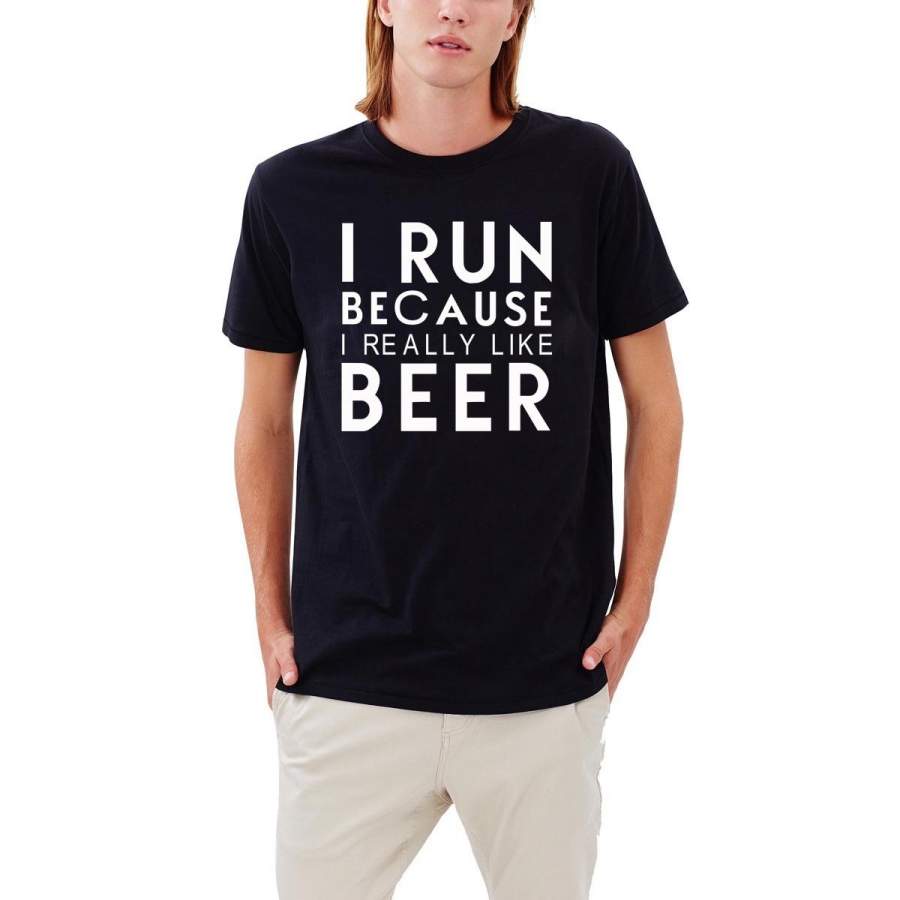 Fashion Men t-shirt short sleeve casual tops hipster I RUN BECAUSE I REALLY LIKE BEER printed Black White t-shirts Couple Tee