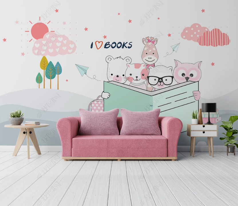 3D Cartoon Pink Sunny Cloud Tree Bear Giraffe Cat Animal Background Wall Mural Wallpaper Lxl