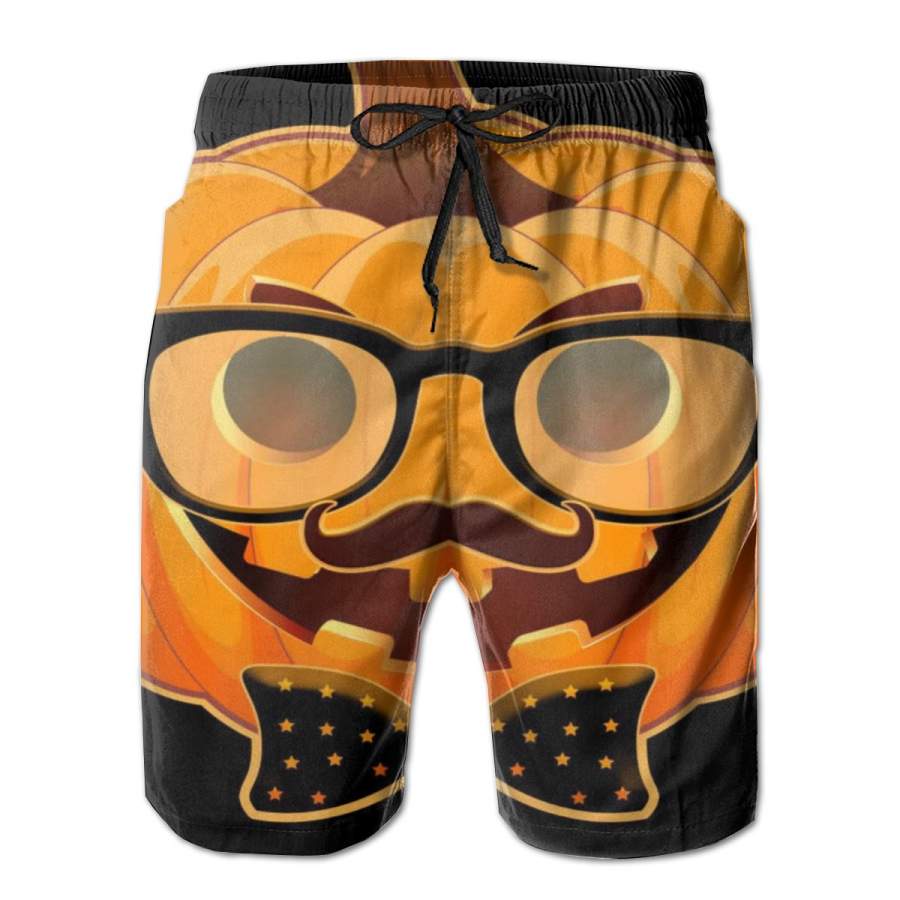 2 Pack Halloween Hipster Pumpkin Horizontal Poster Men Swim Trunks Drawstring Elastic Waist Quick Dry Beach Shorts with Mesh Lining Swimwear Bathing Suits