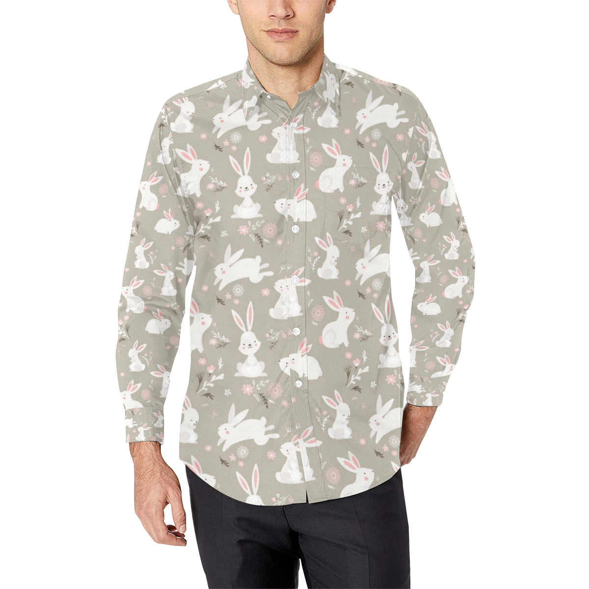 Rabbit Pattern Print Design Rb03 Long Sleeve Dress Shirt