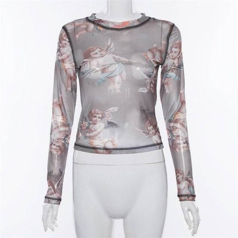 Angel Print Aesthetic Mesh Transparent Slim T-shirts Women Tops Short Long Sleeve Summer Tee Shirts