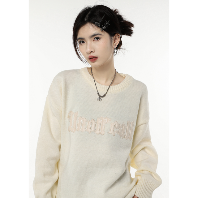 Women Beige Sweater Letter Fashion Vintage Leisure Lazy Wind Loose Winter Female Thicken Warm Long Sleeve Knitting Pullover alx