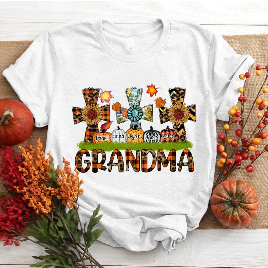 Grandma Fall For Jesus Personalized Pumpkin With Grandkids Shirt Gift