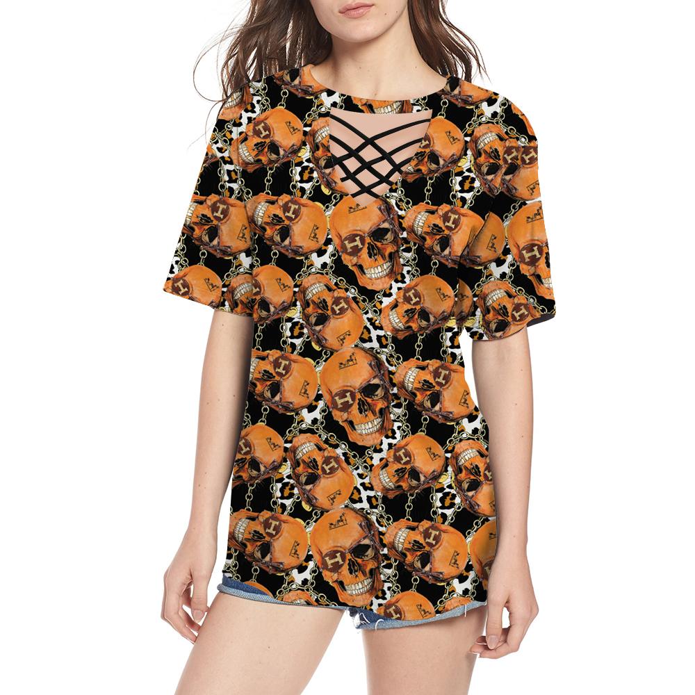 Skull Leopard Print Round Neck Hollow Out Tshirt SK-RNH01-Q139S01