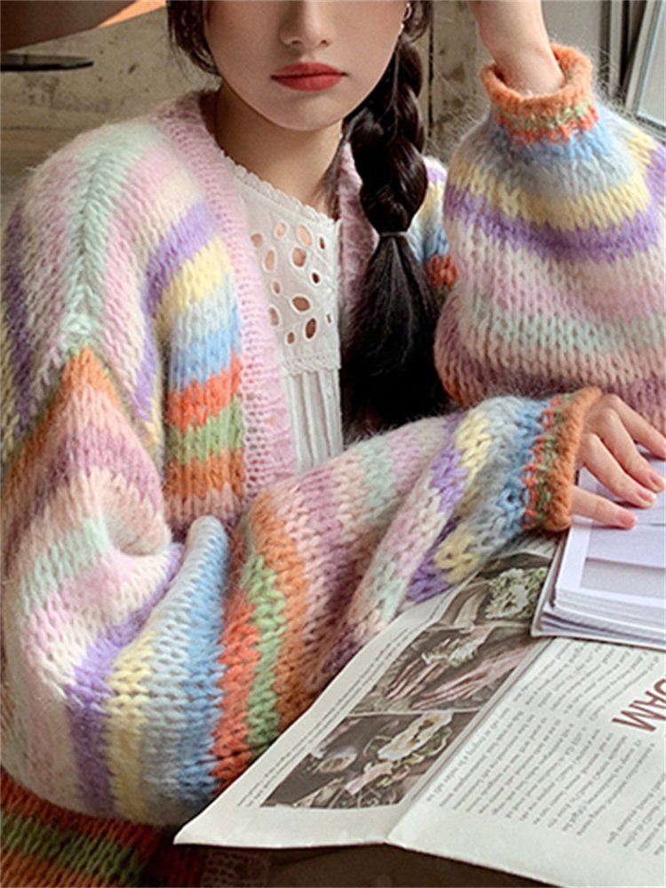 Syiwidii Rainbow Oversized Cardigan Knitted Sweater for Women Fall Winter 2022 New Korean Fashion Jumpers Casual Soft Jacket alx