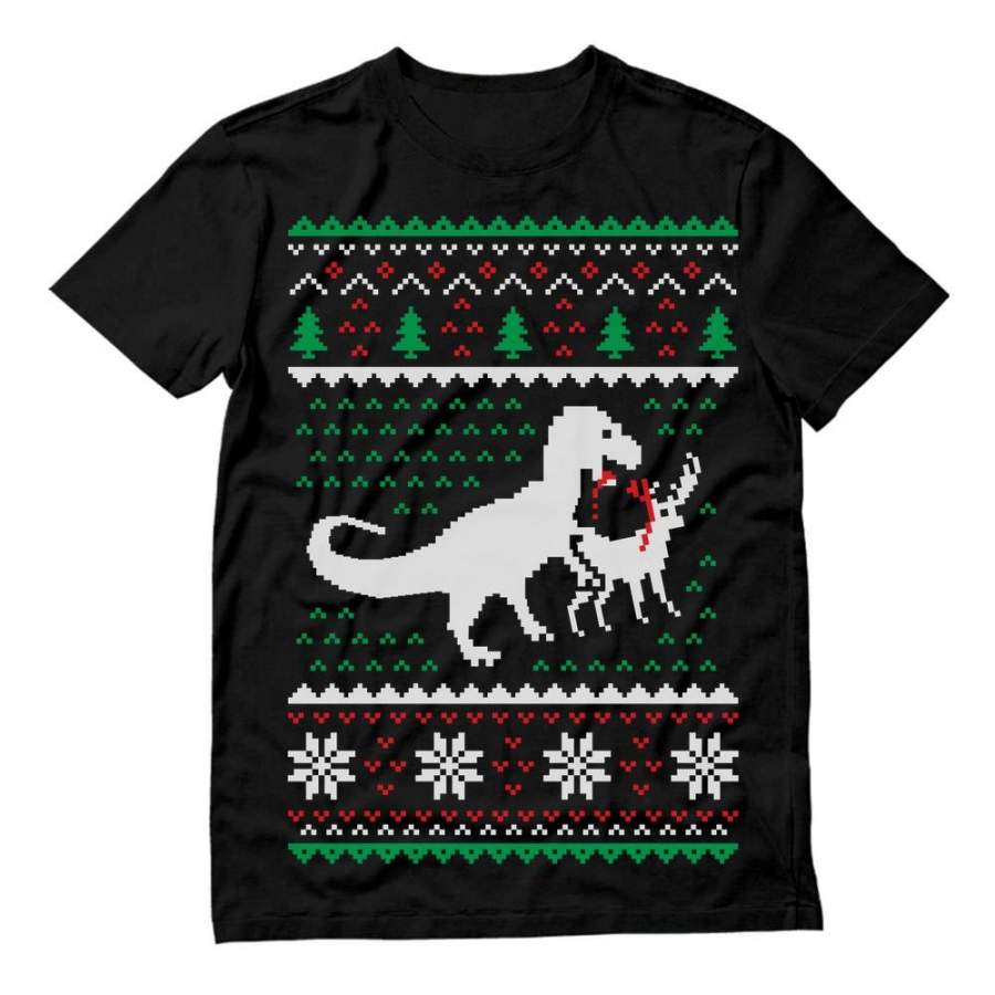 Ugly Christmas Sweater T-Rex VS Reindeer Funny Gift T-Shirt