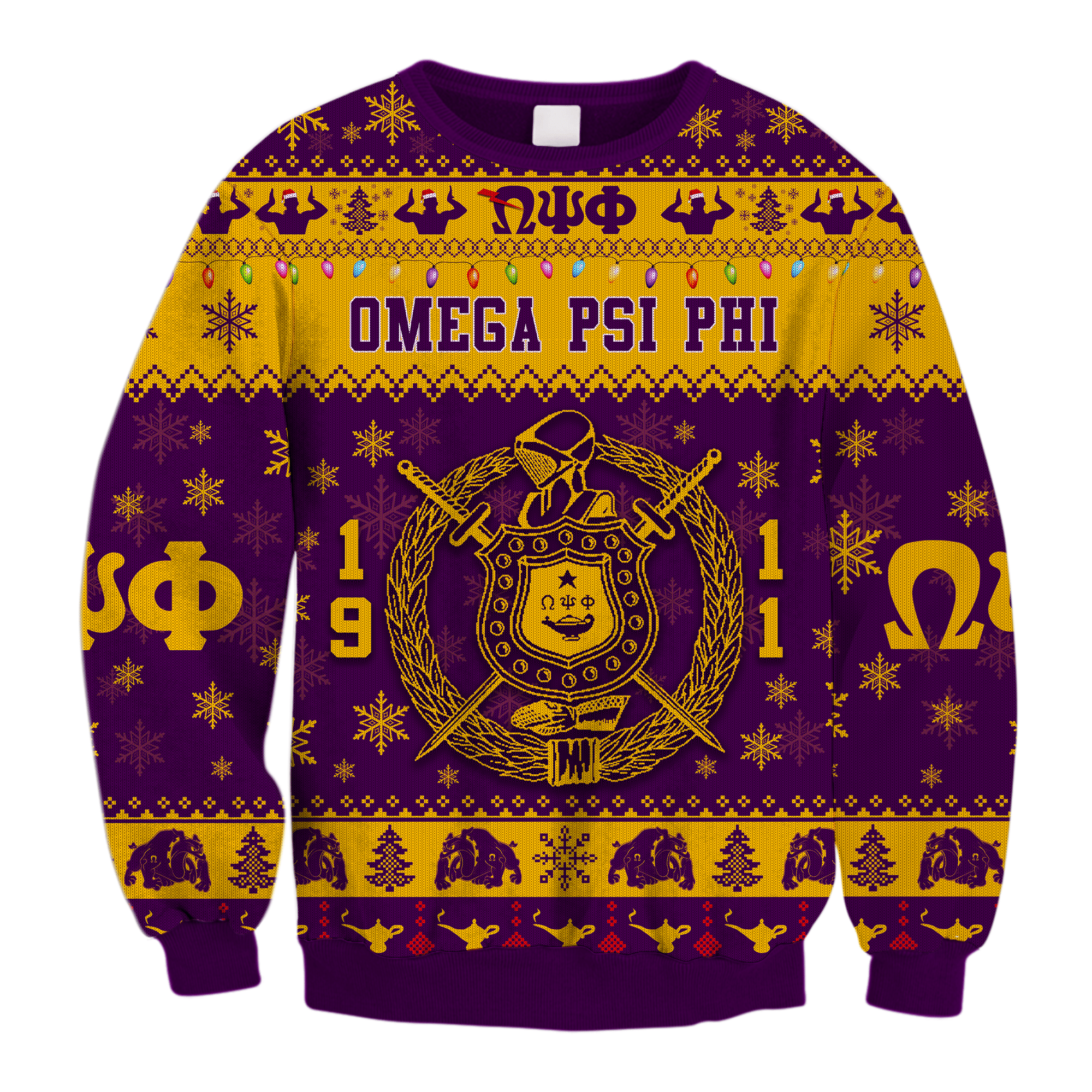 Fraternity Sweatshirt – Lux Omega Psi Phi Gold Shield Christmas Crewneck Sweatshirt