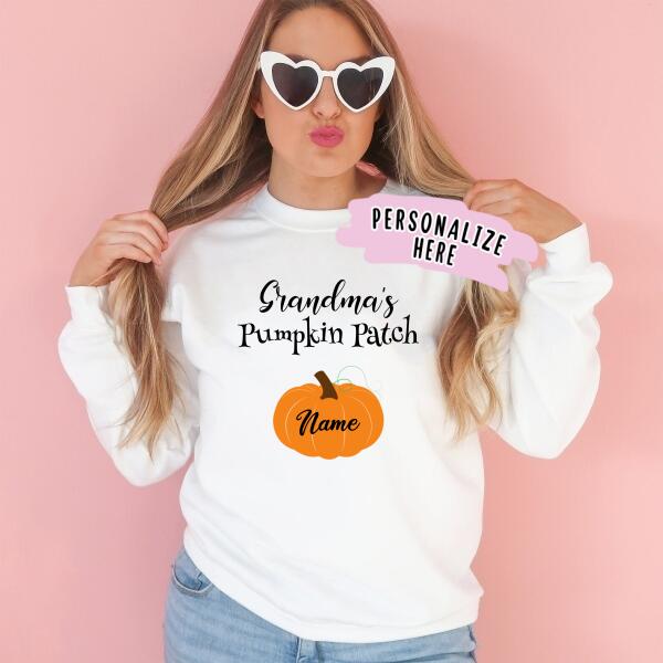Personalized Name Grandma’S Pumpkin Patch Sweatshirt, Gift For Mimi, Nana, Mother Halloween Up To 5 Kids