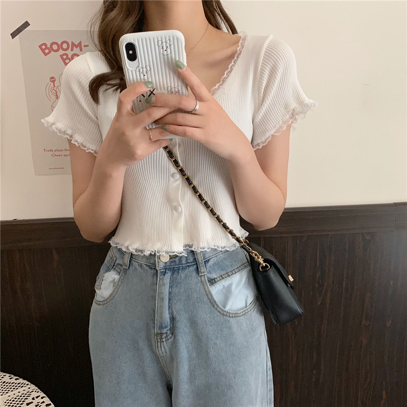 Women Patched Lace O-Neck Knitted Short Sleeve Thin Sweaters Cardigans Lady Single-breasted Buttons Sweater Crop Tops Female alx