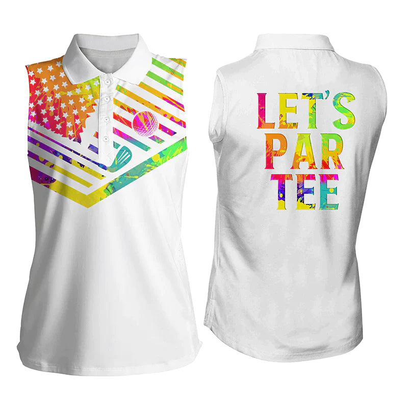 Womens Sleeveless Polo Shirts, Watercolor American Flag Patriot Let’S Par Tee White Golf Shirt