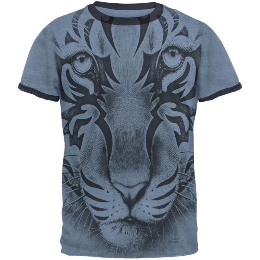 Tribal Tiger Ghost Heather Blue-Navy Men’s Ringer T-Shirt