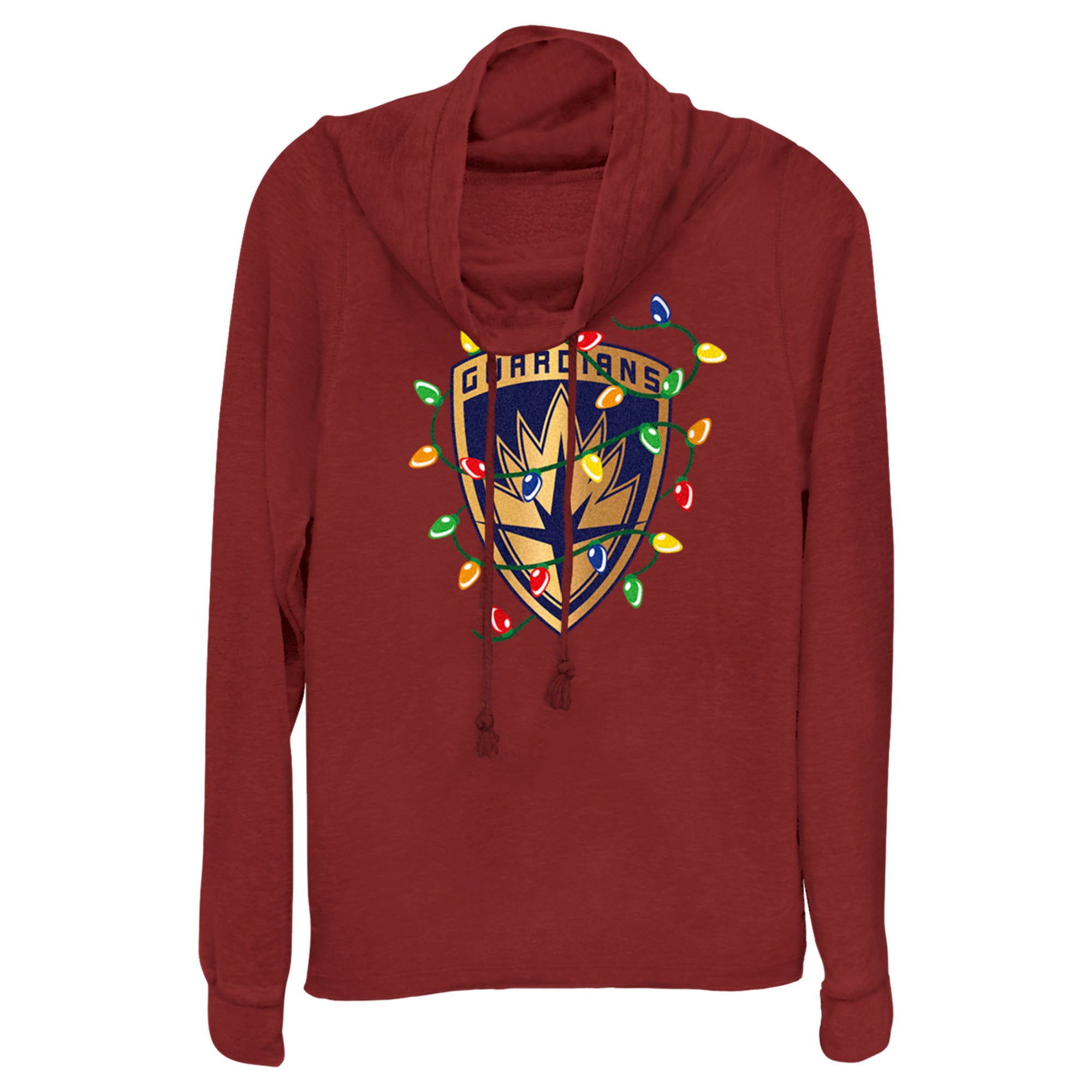 Junior’S Guardians Of The Galaxy Holiday Special Christmas Lights Badge Cowl Neck Sweatshirt