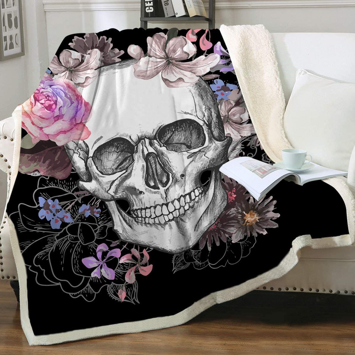 Sleepwish Black Sugar Skull Candy Skull Rose Blankets Gothic Skeleton Fleece Blanket