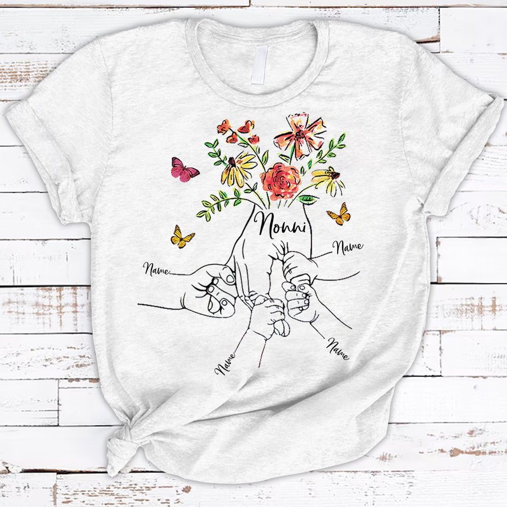 Personalized Nonni Butterfly Flower Watercolor Holding Hands Grandkids Shirts For Nonni