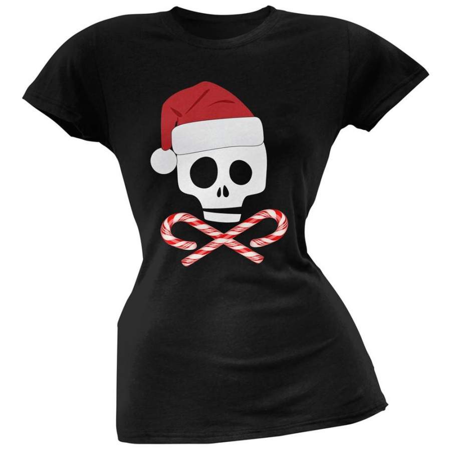 Skull And Cross Candy Canes Santa Black Soft Juniors T-Shirt