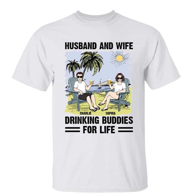 Vintage Beach Landscape Husband & Wife Drinking Buddies For Life Personalized Shirt