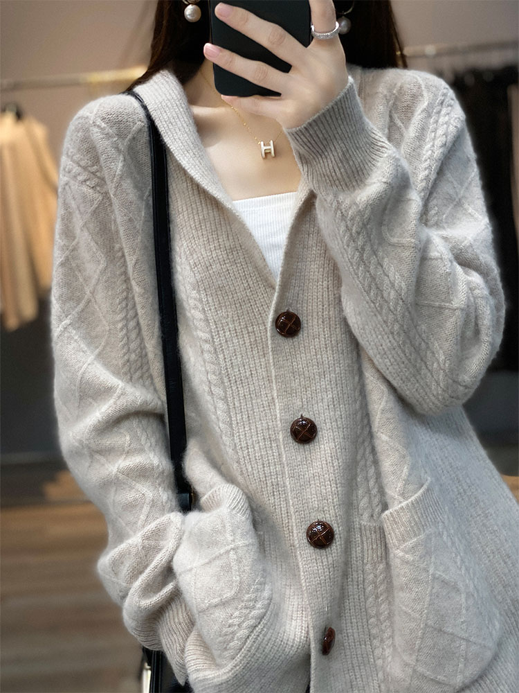 Autumn Winter High Quality Premium Knitted Cardigan Women’s 100%Wool Cashmere Sweater V-neck Loose Large Size Coat Jacket Female alx