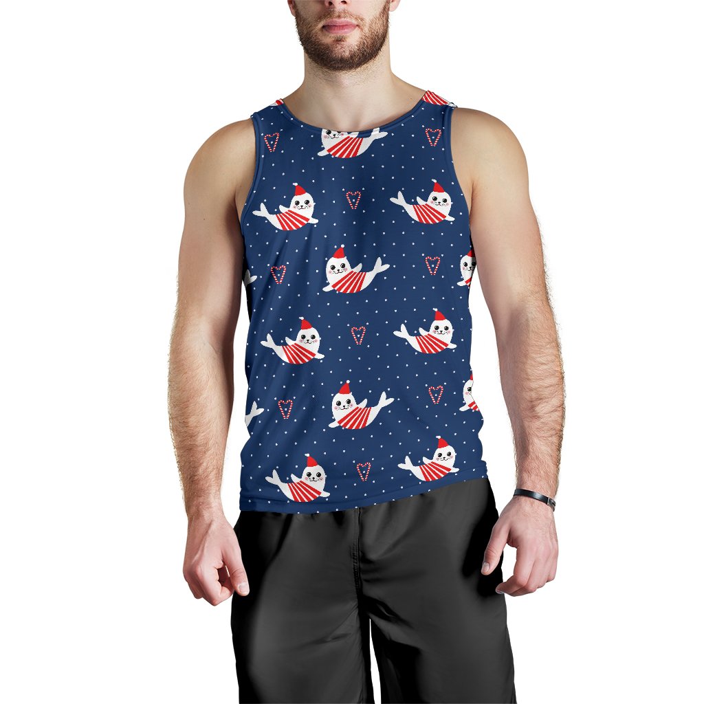 Cute Sea Lion Seal Christmas Hat Candy Cane Heart Pattern Men Tank Top