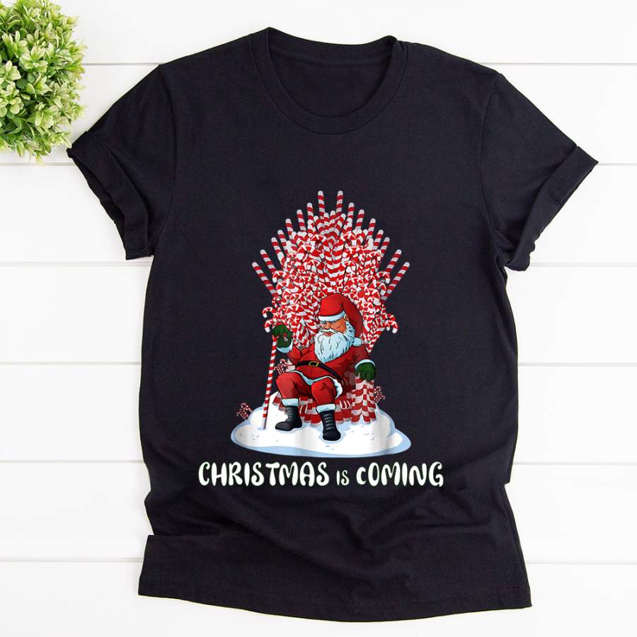 Christmas santa candy cane christmas is coming throne black cotton t shirt for men and women S-6XL