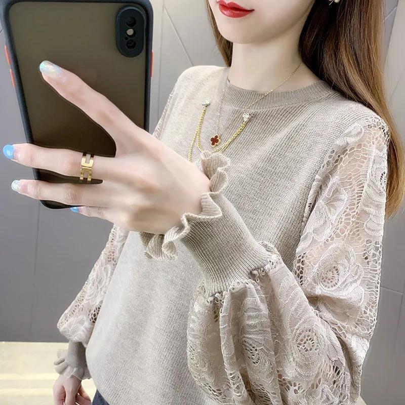 Autumn Winter O Neck Lace Jacquard Patchwork Elegant Fashion Sweaters Women Loose Casual Chain Pullover Korean All-match Jumper alx