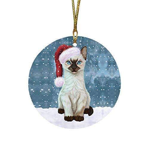 Let It Snow Christmas Holiday Siamese Kitten Cat Wearing Santa Hat Round Ornament D239