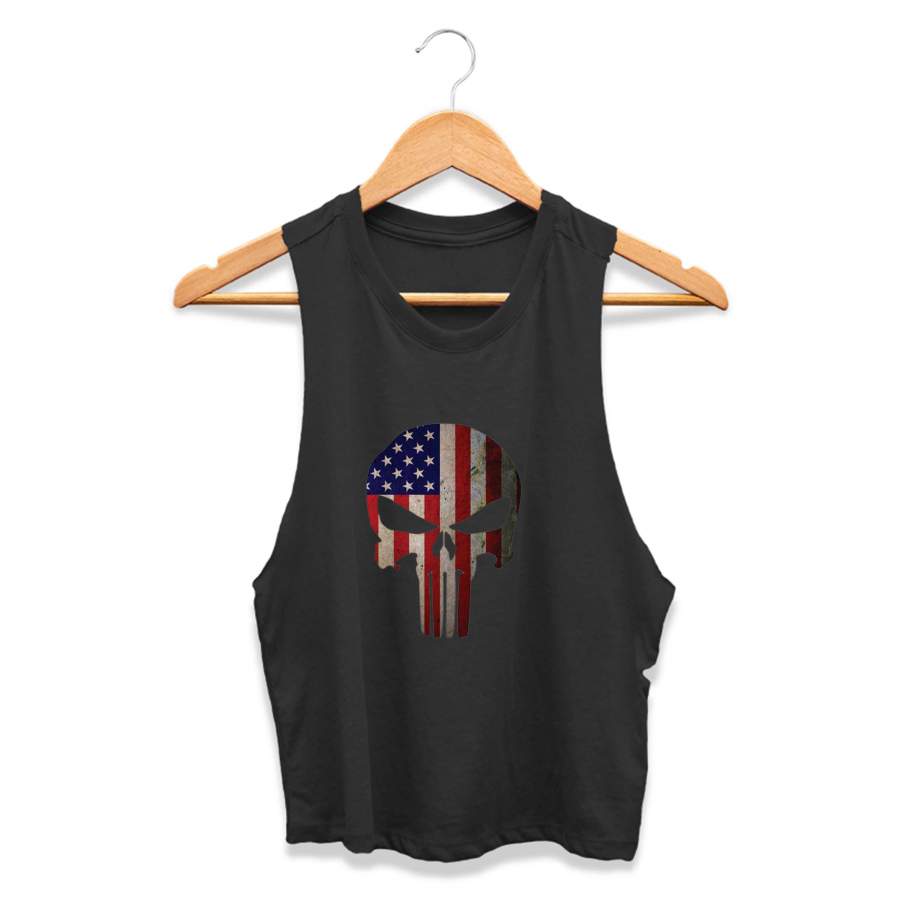 American Flag Punisher Skull Vintage Usa Cool CPY Womans Crop Tanktop Tee